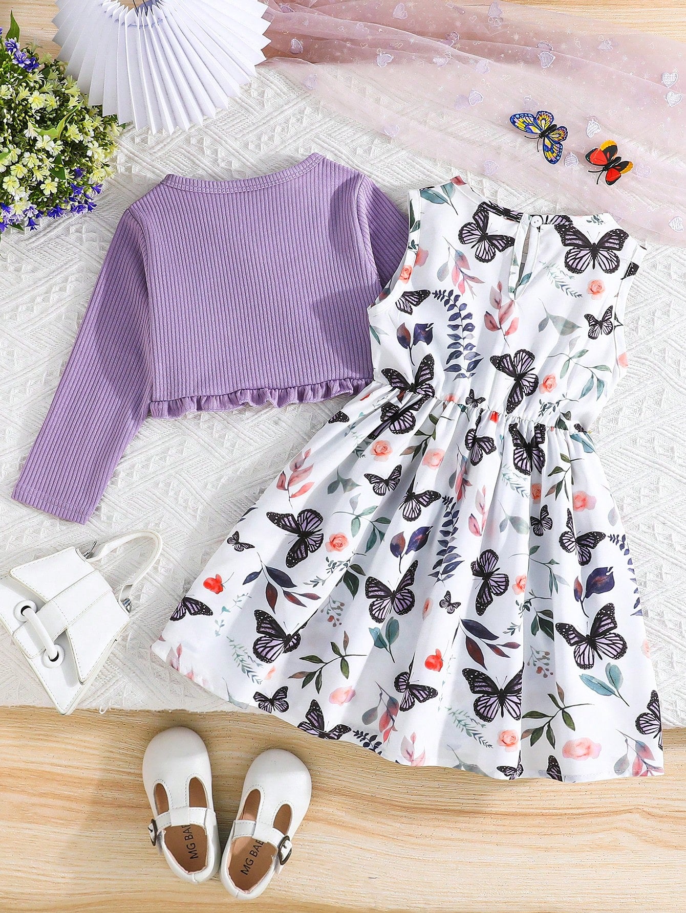 2Pcs Young Girl Fashionable Ruffle Trim Jacket with Sleeveless Bow Decor Butterfly Print Dress, Elegant Party Outfit